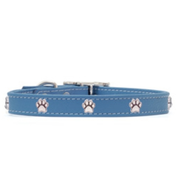 Blue genuine leather collar with dog paw rivets